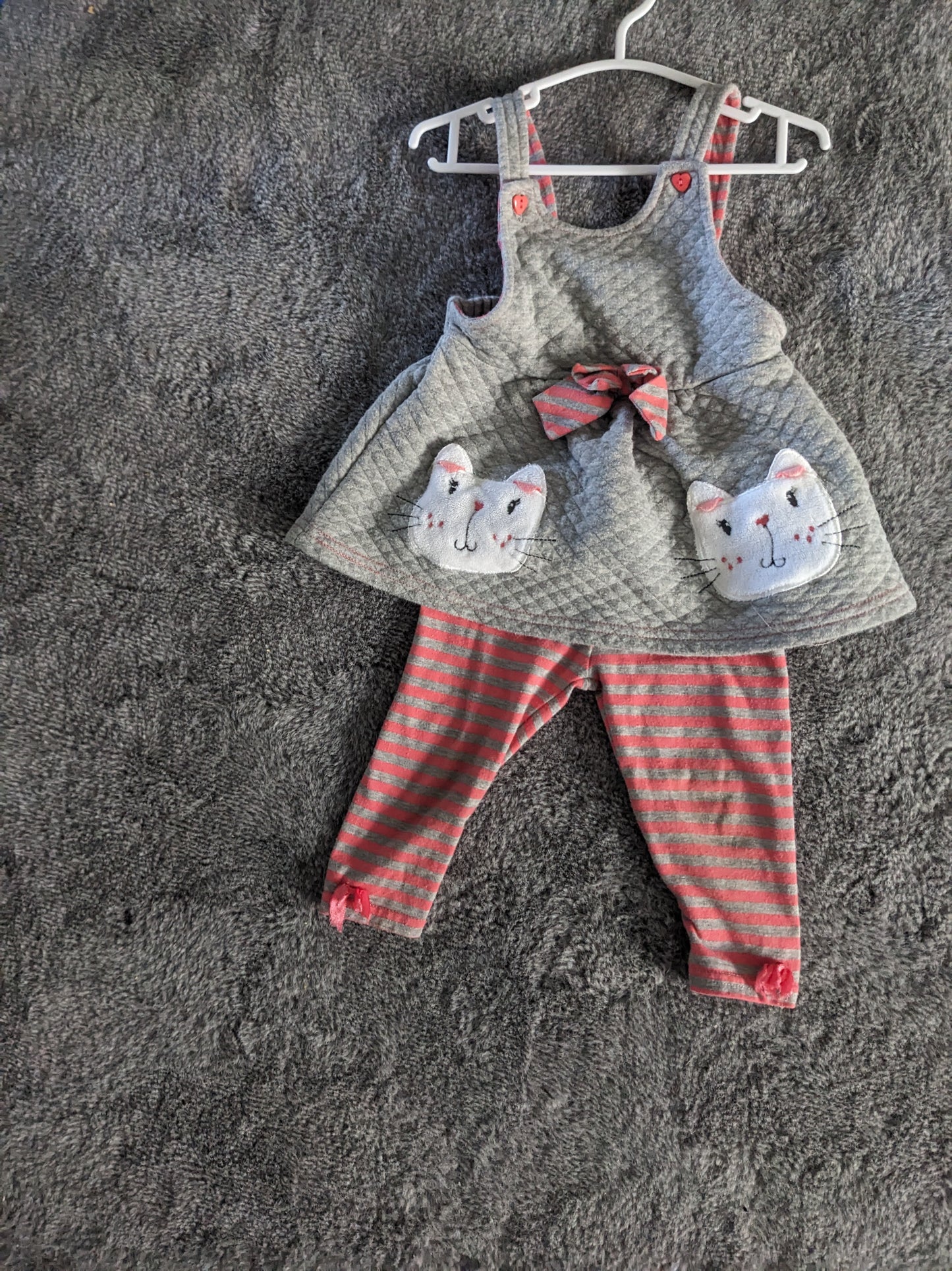 Coral/ grey cat dress w/ leggings size 6-9mo